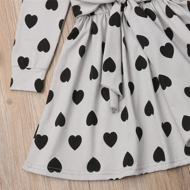 Pretty Kids Girls Heart-Shaped Print Dress Long Sleeve High Waist Bowknot Belt Girl Cotton Pleated Party 1-7Y | Детская одежда и