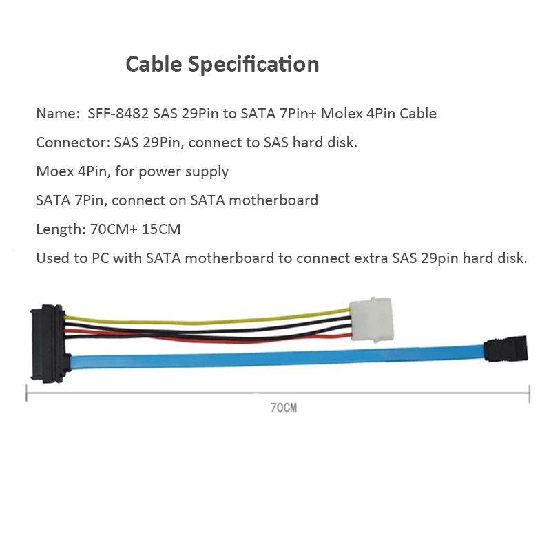 Кабель конвертер для жесткого диска 70 см Mini SAS 29Pin SCSI в SATA 7Pin с LP4 Molex IDE 4 контактный