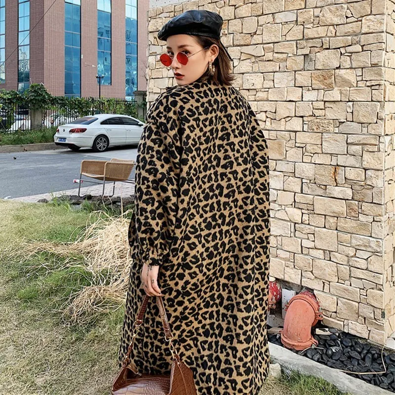 TWOTWINSTYLE корейский Леопардовый шерстяной Тренч женский с длинным рукавом плюс