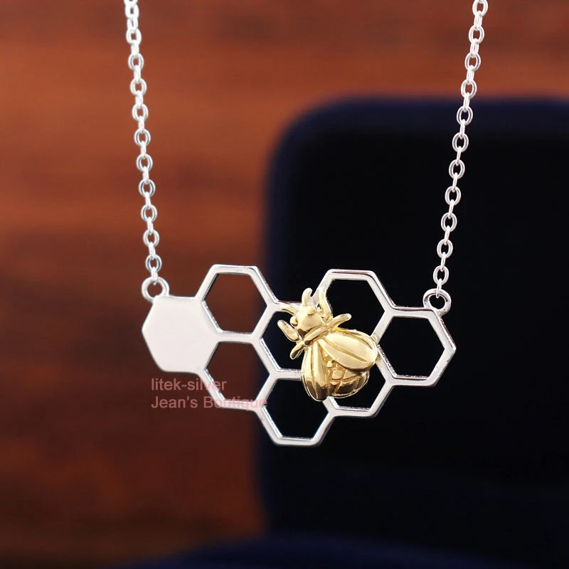 S92-5 Sterling SIL Fashion Jewelry Honeycomb Golden Bee Honeybee Insect Pendant Necklace A2712 | Украшения и аксессуары
