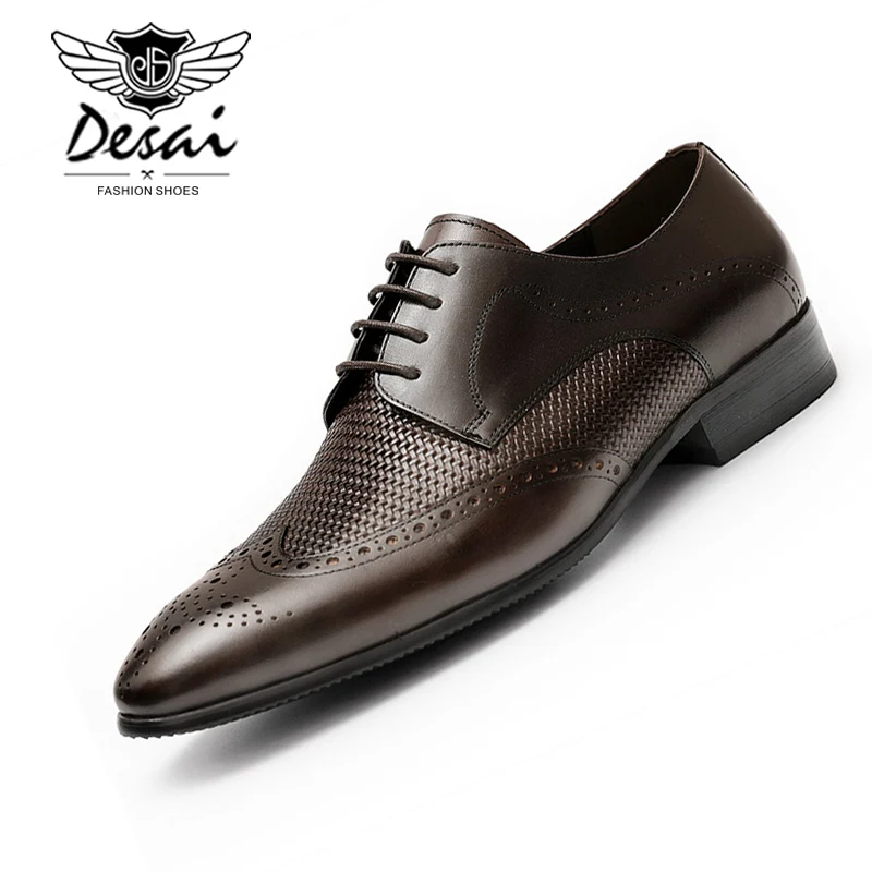 DESAI 2019 New Hollowing Men s Genuine Leather Shoes Business Dress Brogue Oxfords Shoes Men Formal Black Shoe EUR Size 37-44