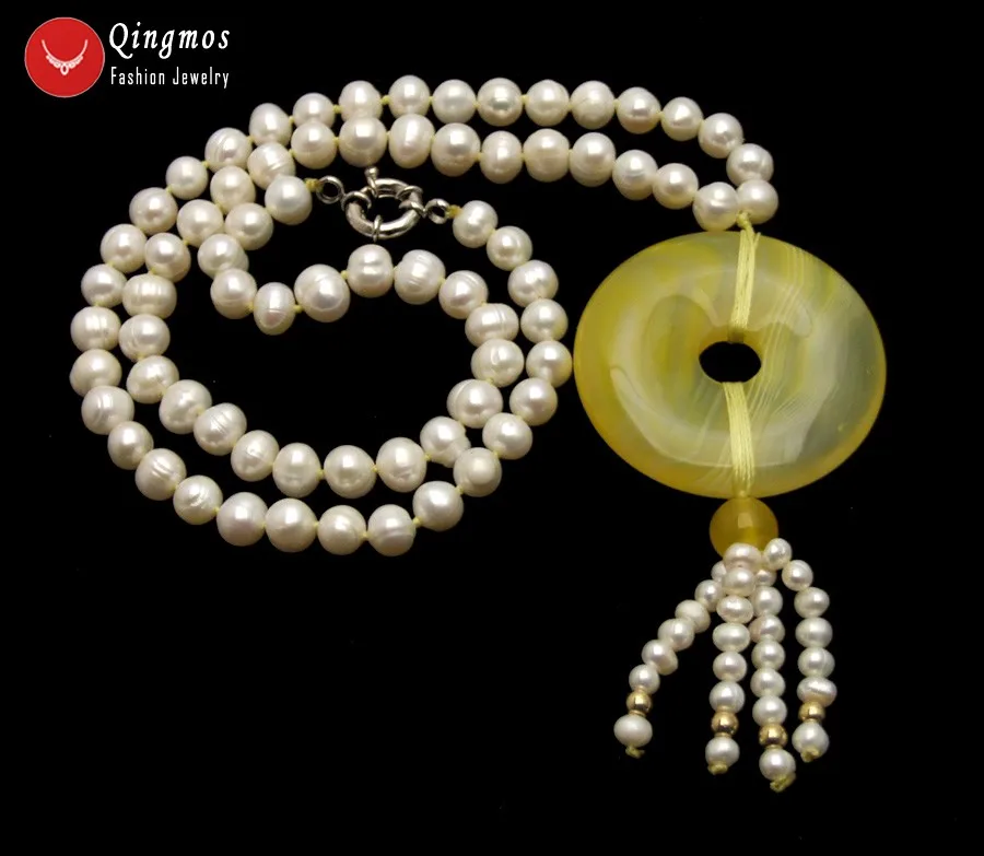 Qingmos Natural White Pearl Necklace for Women with 6-7mm Round &amp 40mm Yellow Donuts Shape Agates Pendant Jewelry | Украшения и