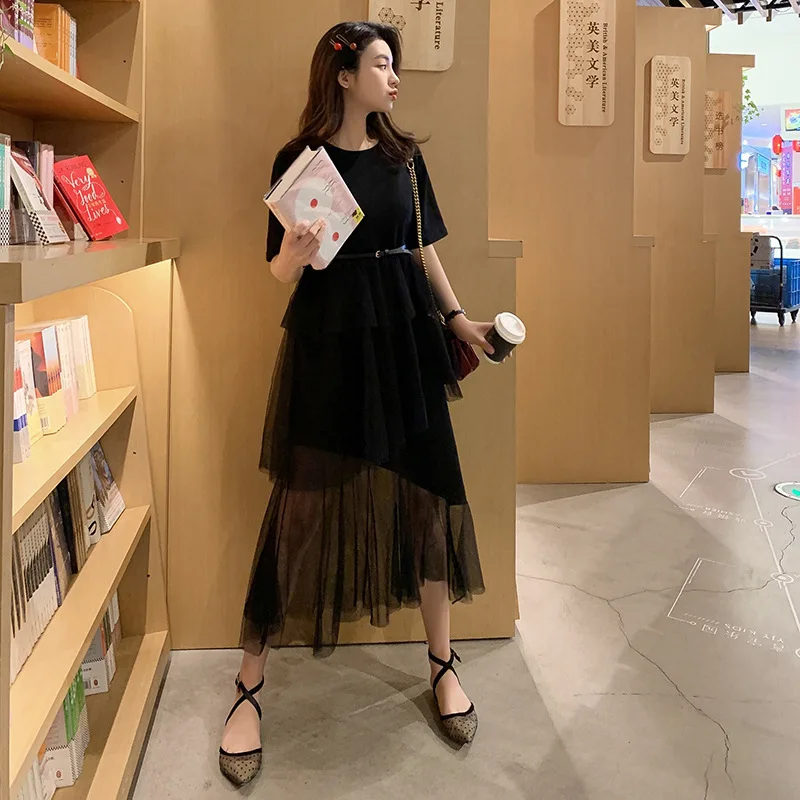 Женское асимметричное платье с коротким рукавом повседневный длинный хлопковый