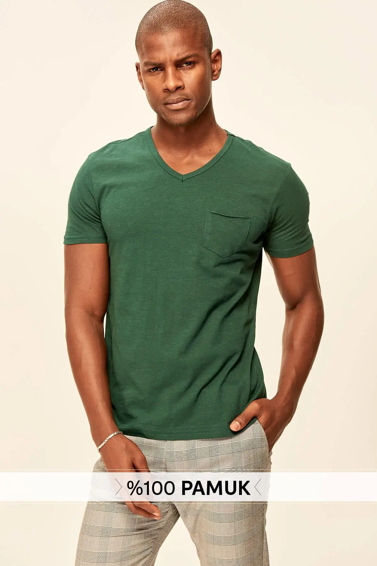 Trendyol Green basыc для мужчин Slim Fit с коротким рукавом v-образным вырезом карман деталь