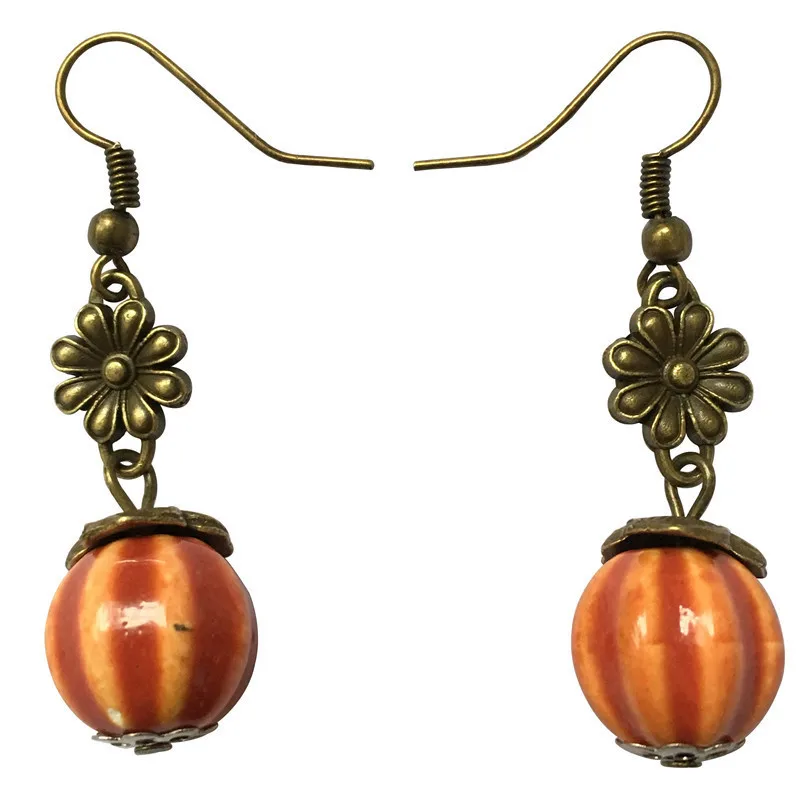 AINILIDAN Ethnic Jewelry Vintage Bronze Flower Ceramics Pumpkin Earrings Handmade Eardrops Dangler Women Accessories | Украшения и