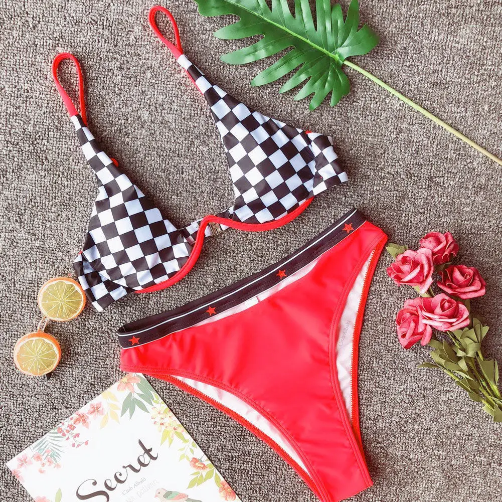 

Fashion Sexy Plaid Women Summer Swimwear Bikini Set Push-up Padded Bra Female Bandage Monokini Bathing Suit Swimsuit