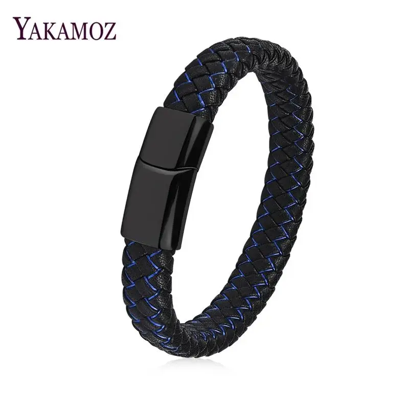 YAKAMOZ Male Jewelry Braided Leather Bracelet Stainless Steel Magnetic Clasp Punk Bangle Black Blue Fashion Bangles Men Gifts | Украшения и