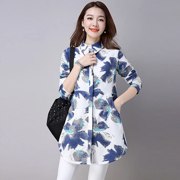 

#2901 Chinese Style Cotton Linen Shirt Women White Long Sleeved Retro Floral Print Shirt Women Vintage Cotton Long Blouse Female