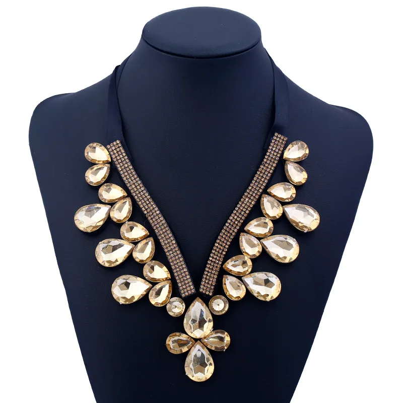

Tie ribbon V shaped collar fabric with gem necklace trend fashion hundred fake collar pendant necklace for woman jewelry