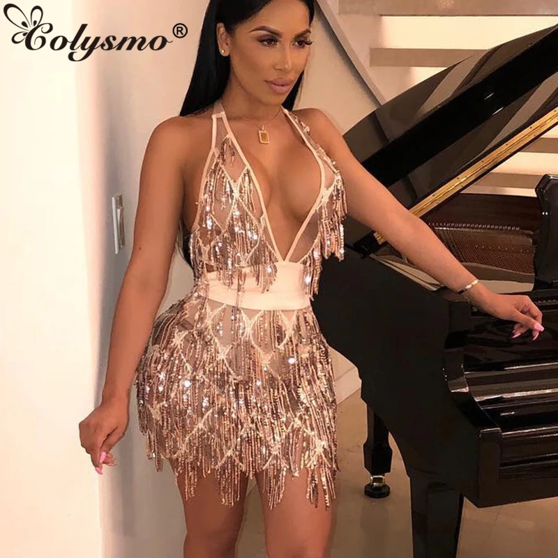 Colysmo Shiny Tassel Sequin Dress Women Sexy Deep V-neck Cross Lace Up Backless Short Exquisite Christmas Party Dresses | Женская одежда