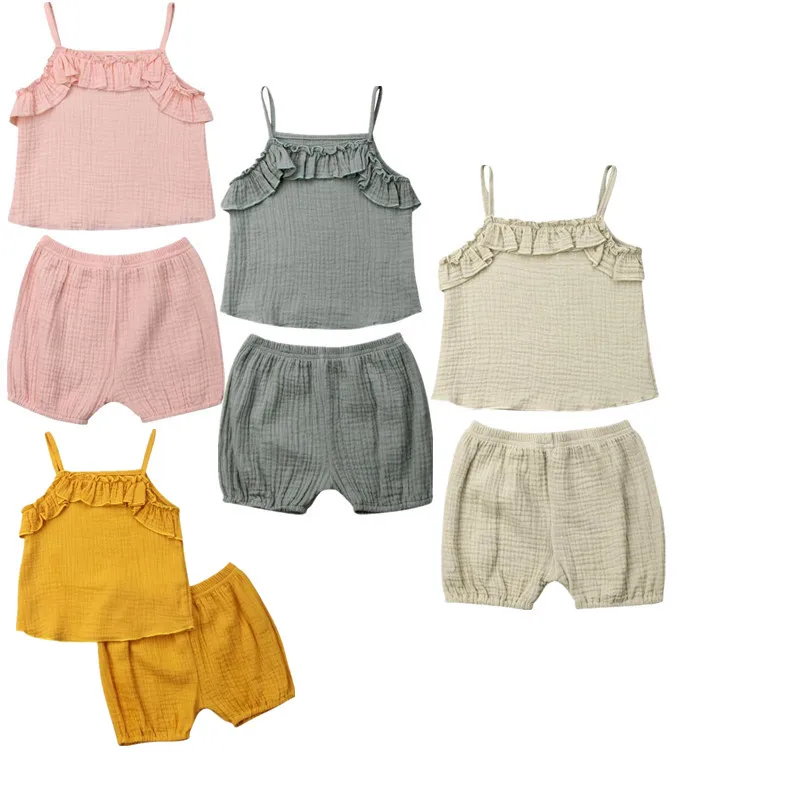 

Модная одежда для девочек, летняя одежда для маленьких девочек, мягкие хлопковые топы + шорты, комплект из 2 предметов, наряды без рукавов