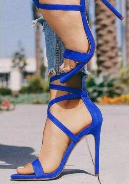 Jual Seksi Suede Biru Cross-Tied Wanita Sandal Cut-Out Peep Toe Tali Pergelangan Kaki Sepatu Hak Tinggi Super Gladiator Sandal Wanita Musim Panas Sepatu