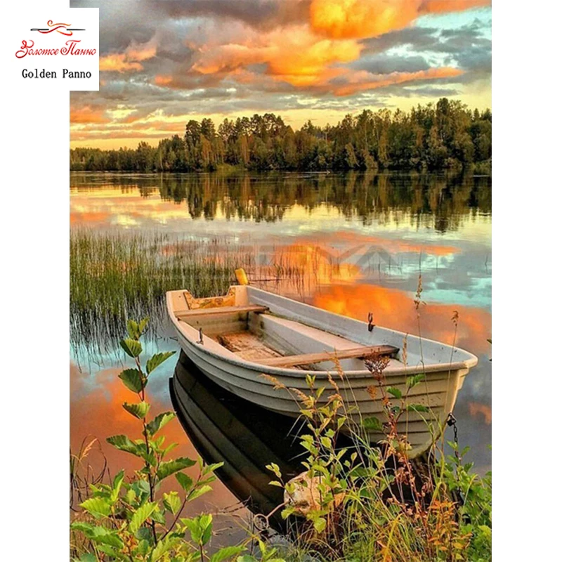 GOLDEN PANNO Diamond Painting Full Square 5D Diy Daimond Embroidery Diamant Mosaic Sale Displasy Broderie Lakeside canoe | Дом и сад