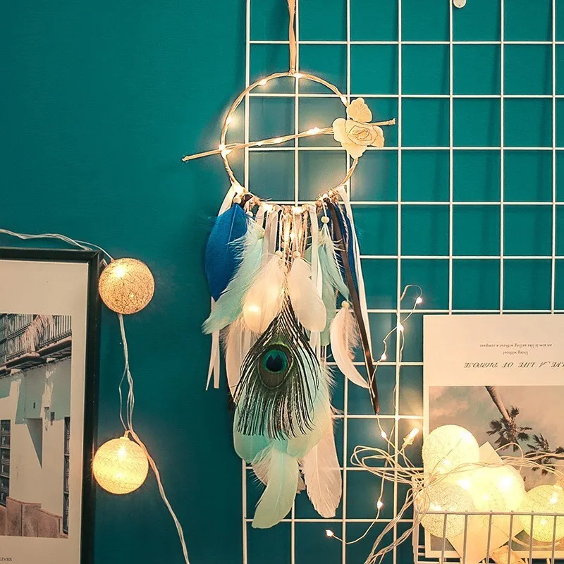 Освещение Dream Catcher висит DIY светодиодный светильник Искусство отделки перьями