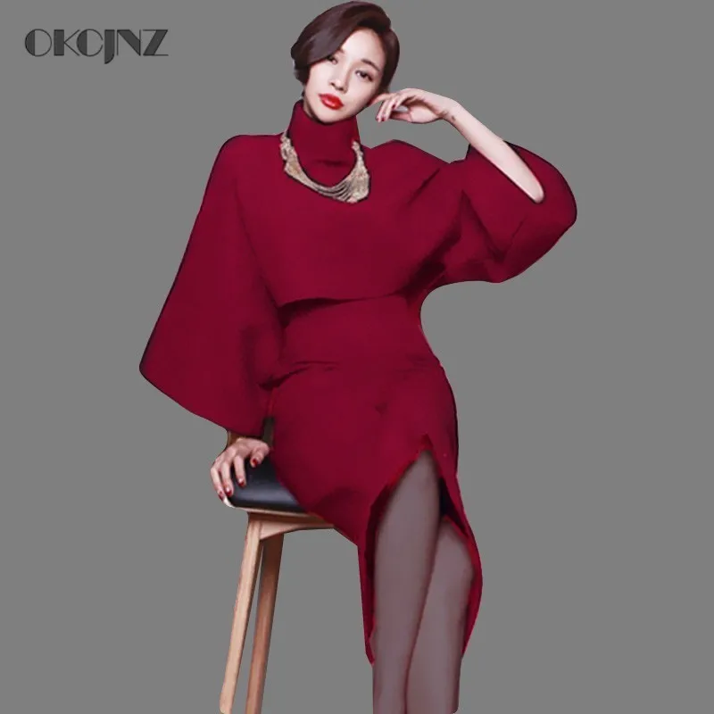 Fashion Woolen Two Piece Set Women Spring Turtleneck Flare Sleev Short Tops And Long Bodycon Skirt Suits Office 2019 Okq126 | Женская