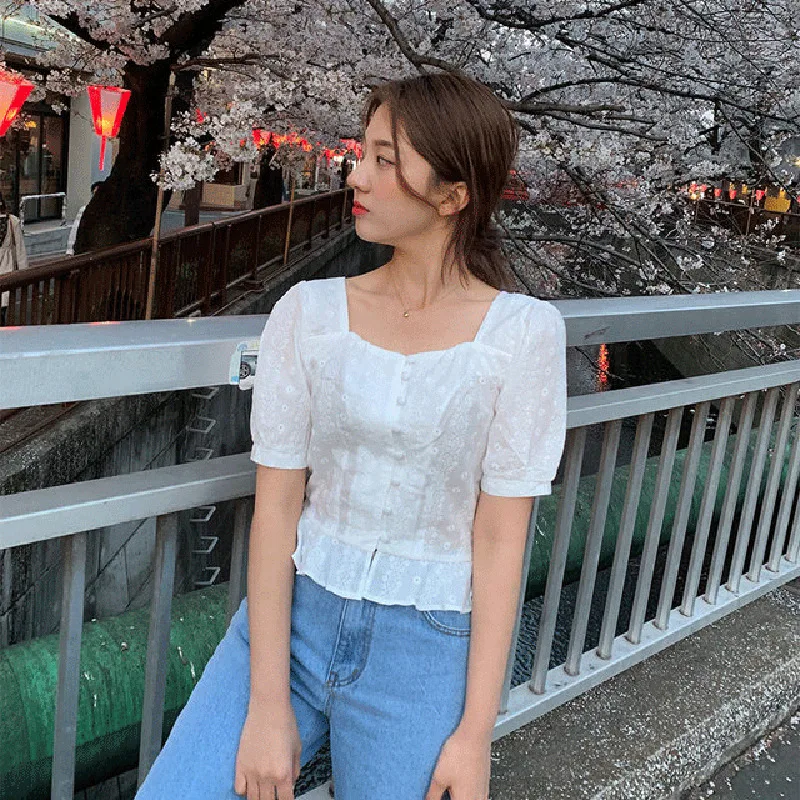 SISPELL Summer Solid Women's Shirt Square Collar Short Sleeve Button Ruffles Slim Blouse Top Female Fashion New Tide Korean 2019 |