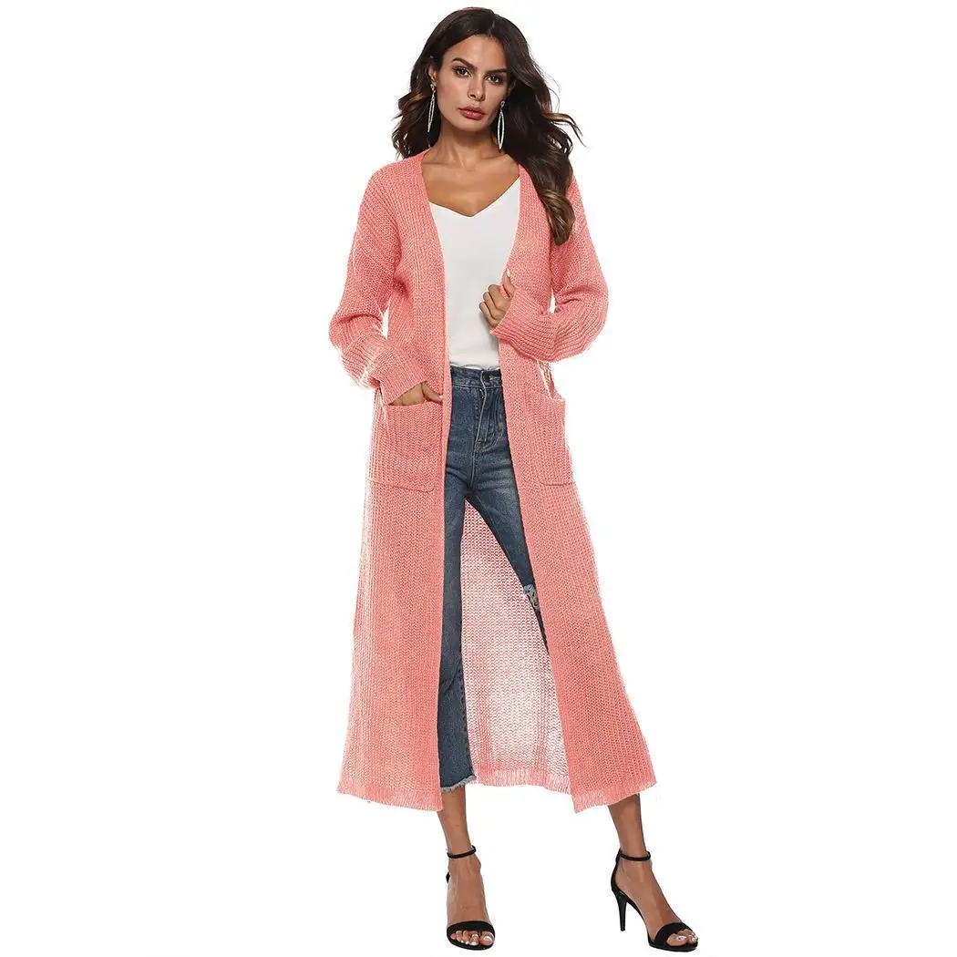 New Fashion Women Casual Front Open Knitted Solid Big Calf length Pockets Regular fit Cardigan |