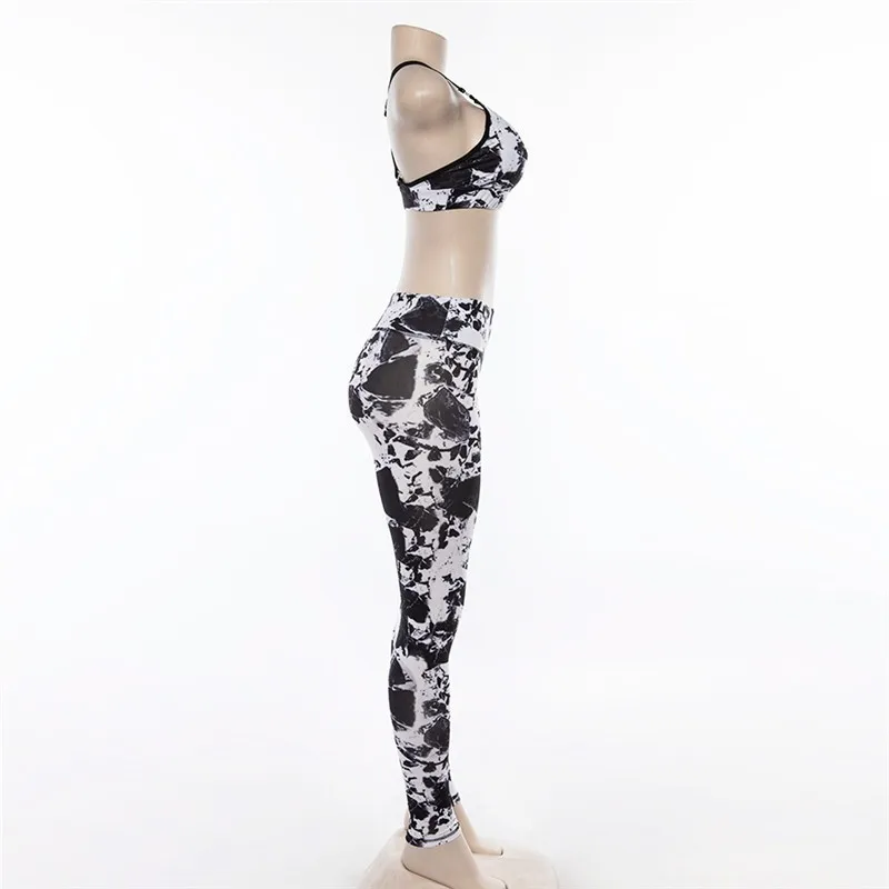 Women Fitness Suit Crop Tank Workout Printed Cross Bra High Waist Legging Pants 2 Pieces Set 2018 Fashion Female Sexy Tracksuit | Женская