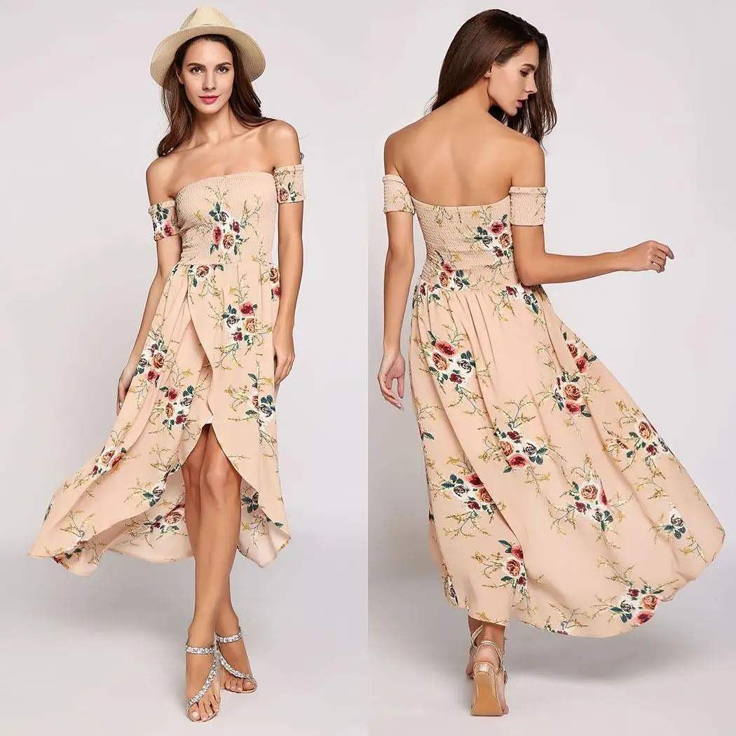 Короткий рукав с открытыми плечами Boho стили печати Асимметричный разделение