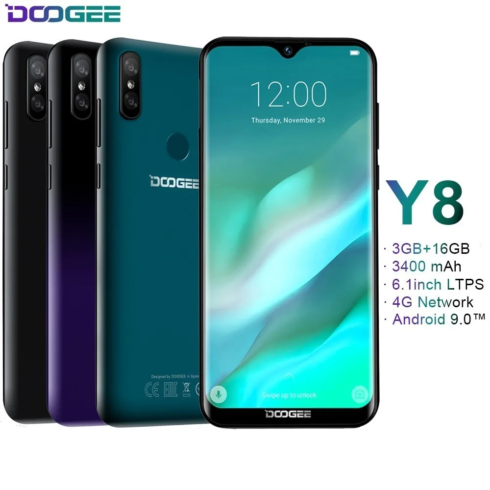 Смартфон DOOGEE Y8 Android 9 0 FDD LTE 6 1 дюйма 19:9 LTPS экран MTK6739 3 Гб RAM 16 ГБ ROM 3400 мАч две sim карты