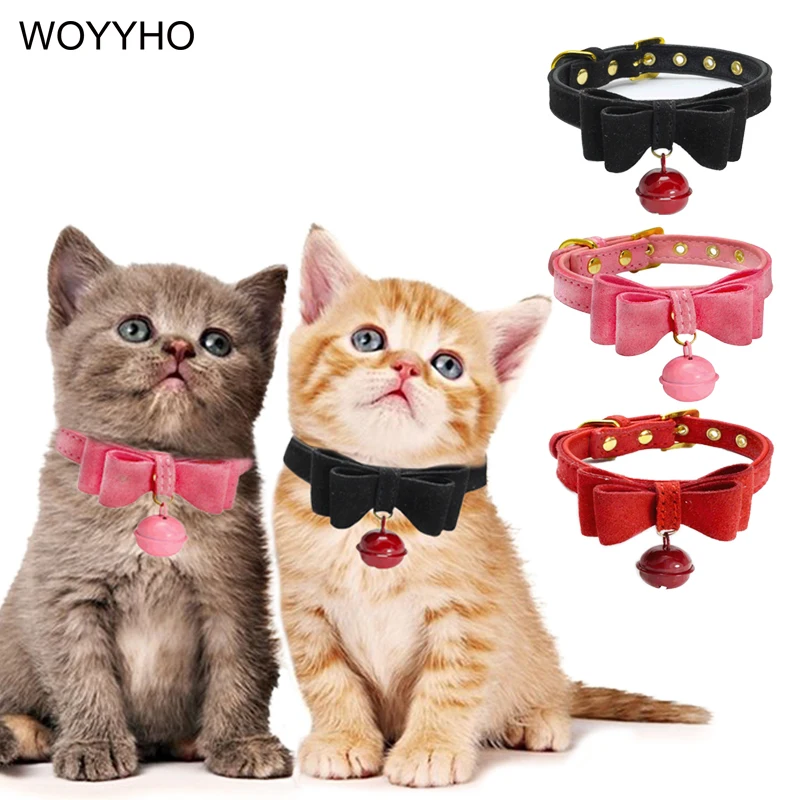 

PU Leather Adjustable Cat Collar Bowknot Bells Necklace For Small Dog Puppy Kitten Pet Accessories Pets Collars XXS/XS/S/M