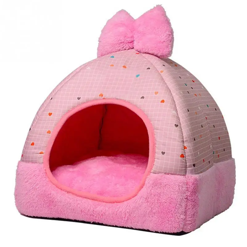 Складной кошка собака Питомник теплый мягкий валик с милым бантом Губка Pet House