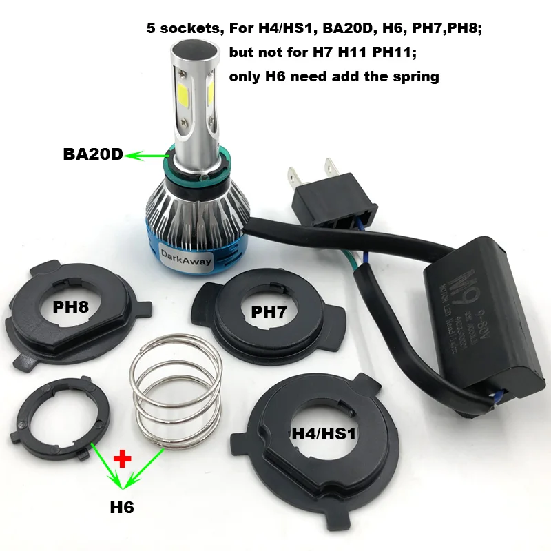 Темно-отсекающая лампа для мотоцикла DarkAway DC AC H4 LED Bulb HS1 BA20D H6 PH7 PH8 40W 4000Lm 6500K Белый скутерный моторный фонарь 12V-80V on.