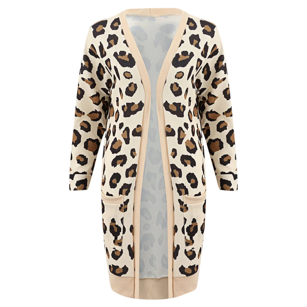 AZULINA Leopard Cardigan Print Collarless Long Sleeves Open Front Knitted Sweater Female Cardigans Winter Jumpers Ladies |