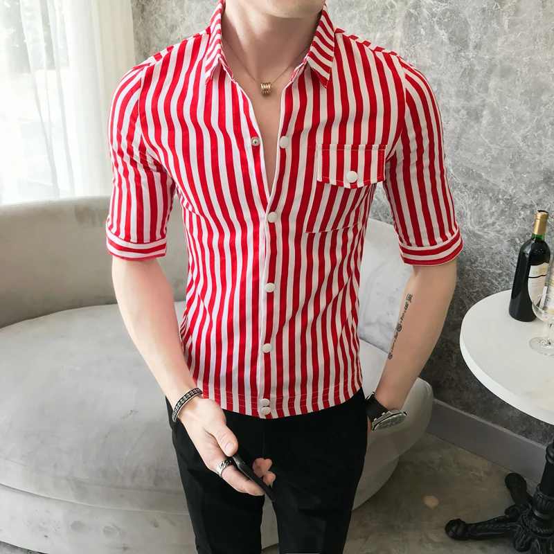 Мужская рубашка с коротким рукавом Camisa Masculina приталенная Простая в полоску