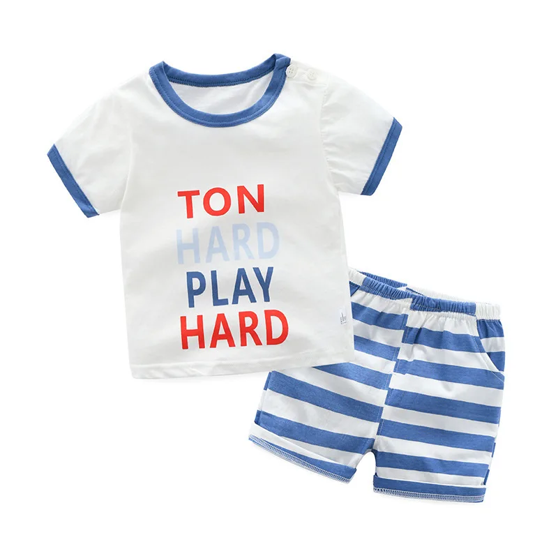 2PCS Korean Cotton Children's Set Cartoon Short-sleeved T-shirt+Striped Shorts Baby Boy Girl Summer Clothes Suit | Детская одежда и