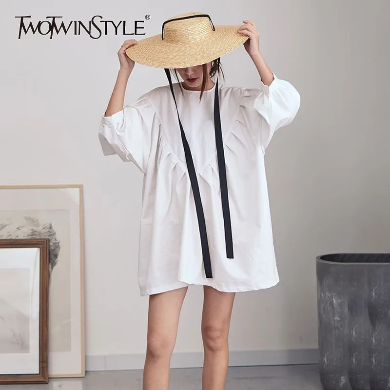 TWOTWINSTYLE с пышными рукавами белое платье Для женщин круглым вырезом запястья
