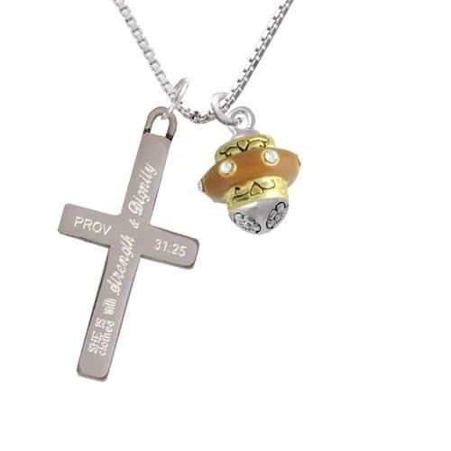 Tan Center With Clear Crystals Gold-colored Tone Spinner - Strength And Dignity Cross Necklace | Украшения и аксессуары