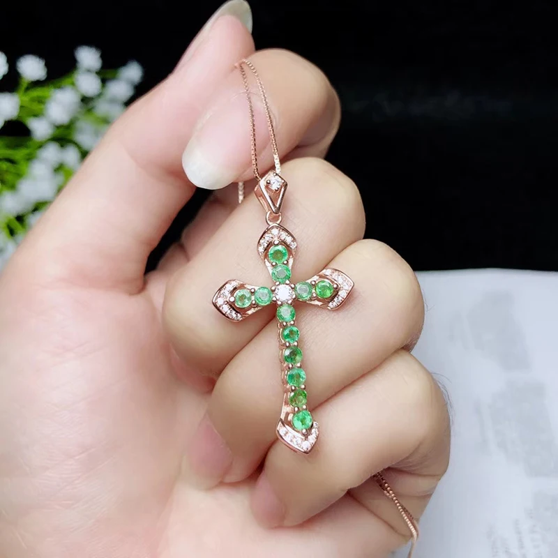 Vintage Style Silver Cross Pendant for Woman 12 Pcs Natural Emerald 925 Jewelry Birthday Gift | Украшения и аксессуары