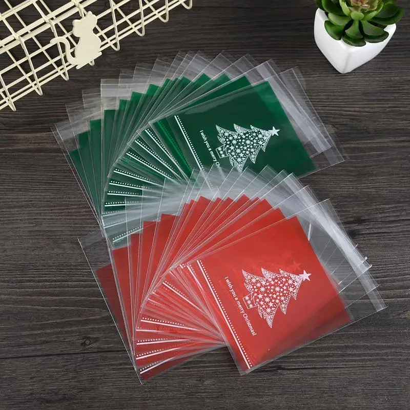 100Pcs Christmas Bag Santa Claus Snowman Cellophane Pocket Cookie Fudge Candy Gift Merry Biscuit Packaging S3 | Дом и сад