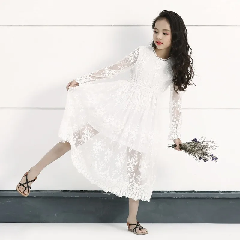 Floral Lace Chrochet Teenage Girls Dress Long Sleeve Cotton Spring Summer 2020 White Maxi Princess For Kids | Детская одежда и