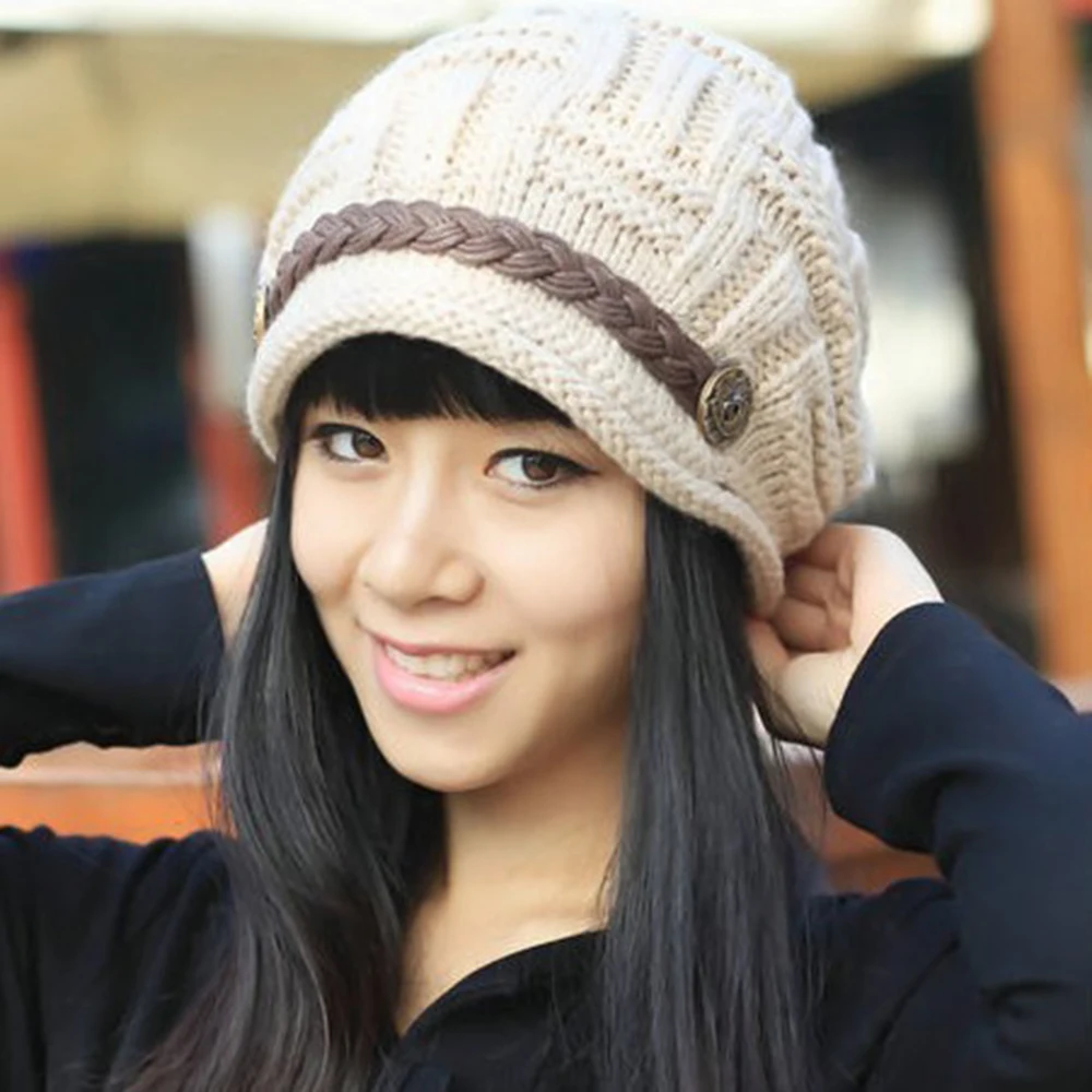 New Women Beanies Girl's Fashion Braided Winter Warm Wool Baggy Beanie Knitted Crocheted Ski Hat Outdoor Skullies |