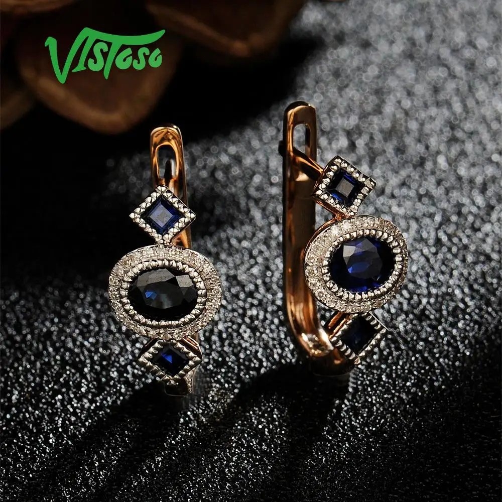 VISTOSO золотые серьги для женщин 14K 585 розовое золото сверкающий синий сапфир