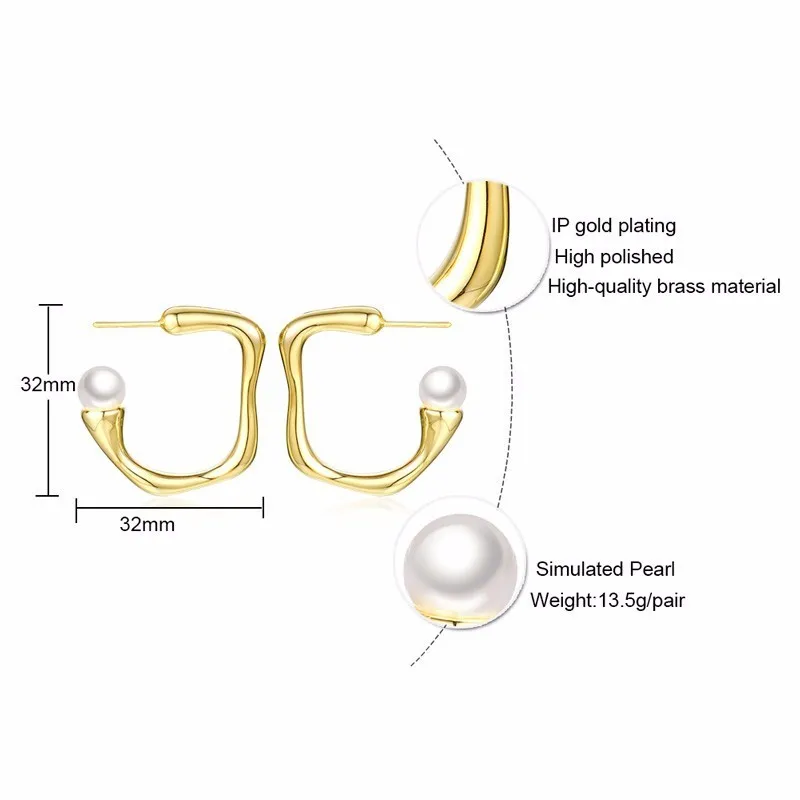 Vnox Chic Street Wear Hoop Earrings for Women Gold Tone Copper Simulated Pearl Stylish Irregular Shape Girl Boucles d'oreilles |