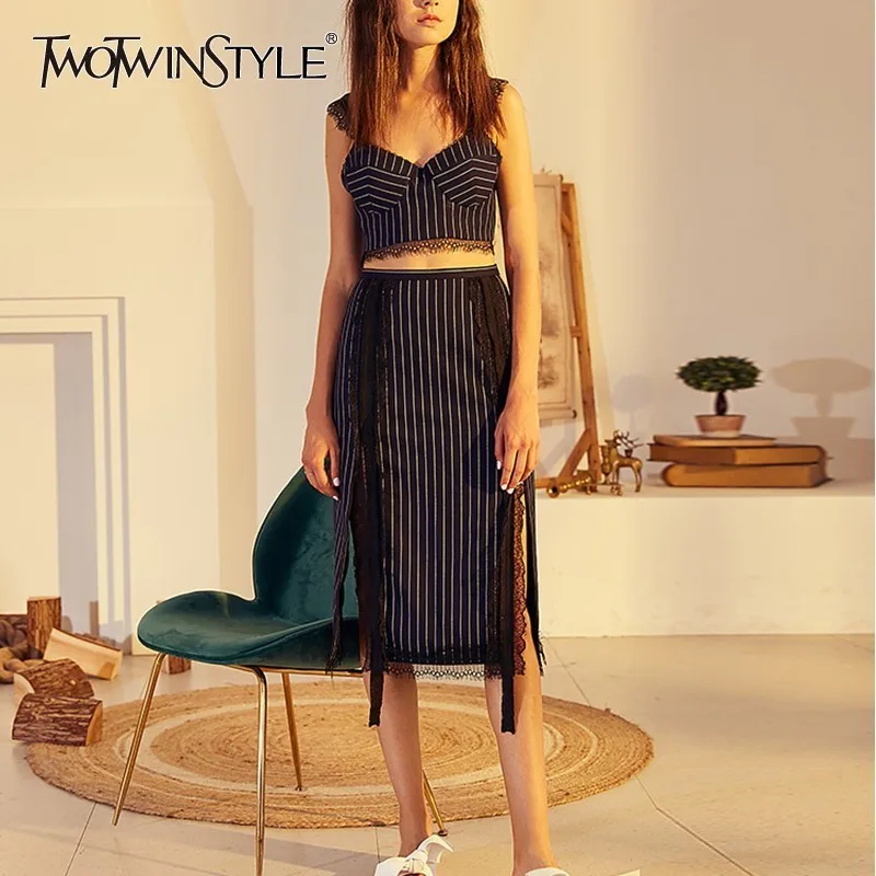 Женский Кружевной Костюм TWOTWINSTYLE костюм в полоску с открытыми плечами без рукавов