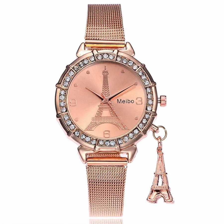 Fashion Women Rose Gold Eiffel Tower Pattern Watch Casual Ladies Stainless Steel Pendant Quartz Relogio Feminino|Женские наручные