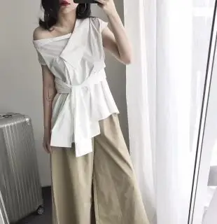 Женская ассиметричная рубашка LANMREM белая блузка с косыми воротниками без рукавов