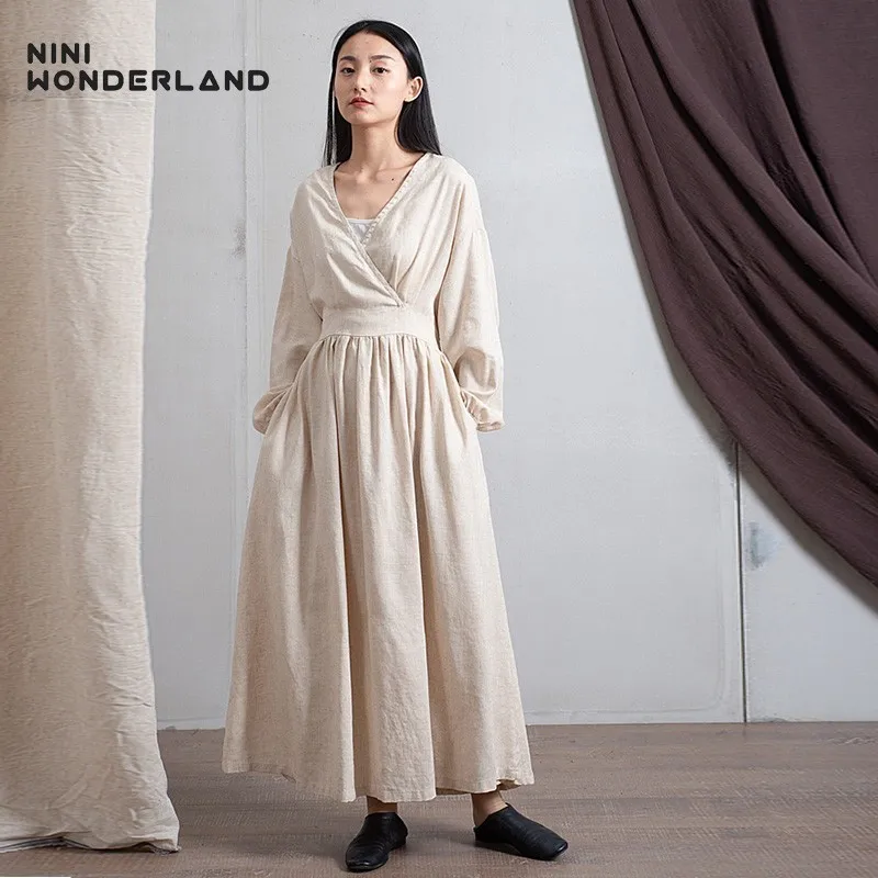 Женское винтажное платье NINI WONDERLAND длинное из хлопка и льна с высокой талией на