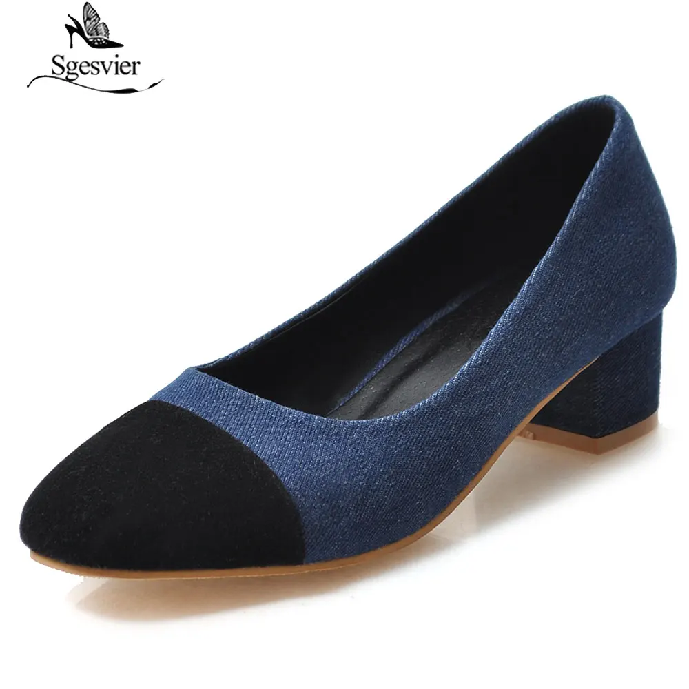 

Sgesvier Spring Plus Size 32-45 Blue Denim Pumps Women Block Med Heels Ladies Square Toe Casual Gladiator Shoes Woman G203