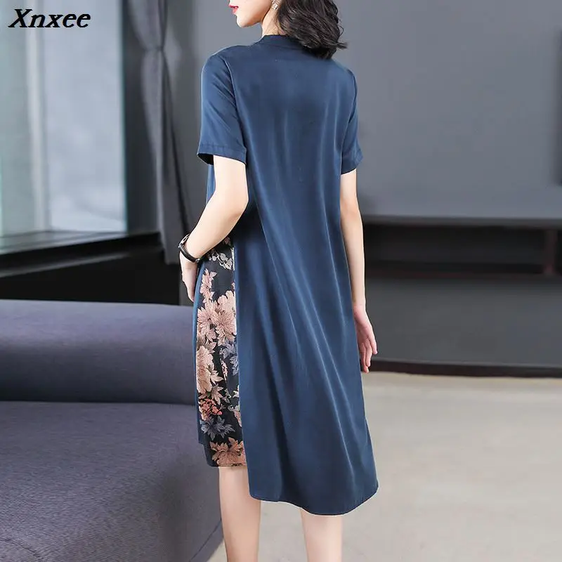 

Xnxee Quality Fashion Women Dress Elegant Floral Print Summer Vestidos Vintage Temperament Short Sleeve V Neck Faux Silk Dress