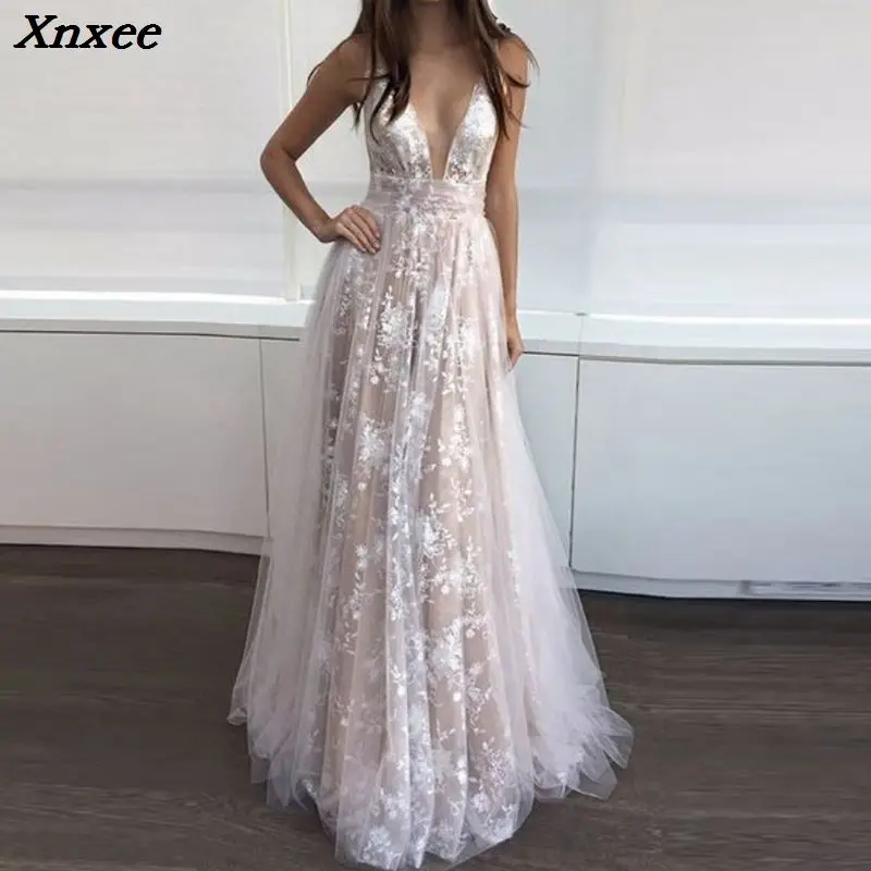 

Xnxee Mesh Elegant Formal Dress Summer Maxi Dress Sexy Party Growns Women White Lace Vestidos Vintage Sleeveless A-line