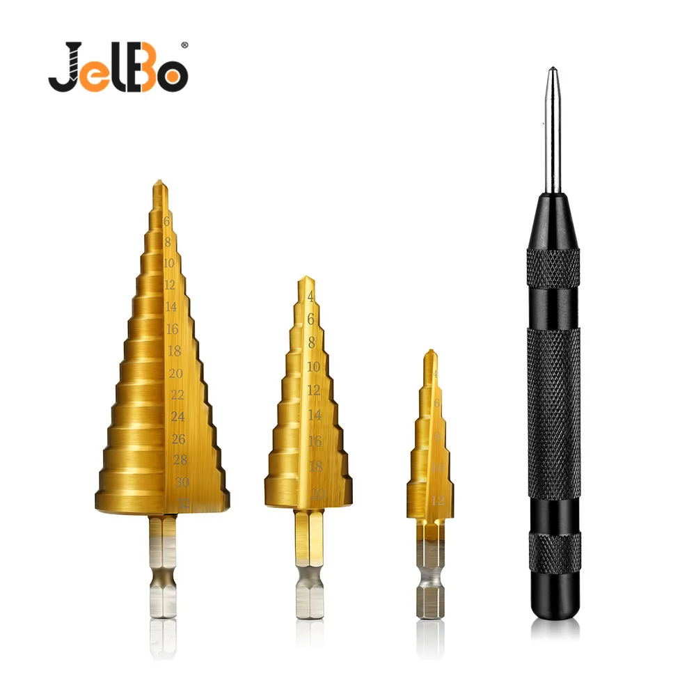 JelBo 3 шт. 4 12/4 20/4 32 мм HSS Титан с покрытием Dril шаг сверла деревянный металлический