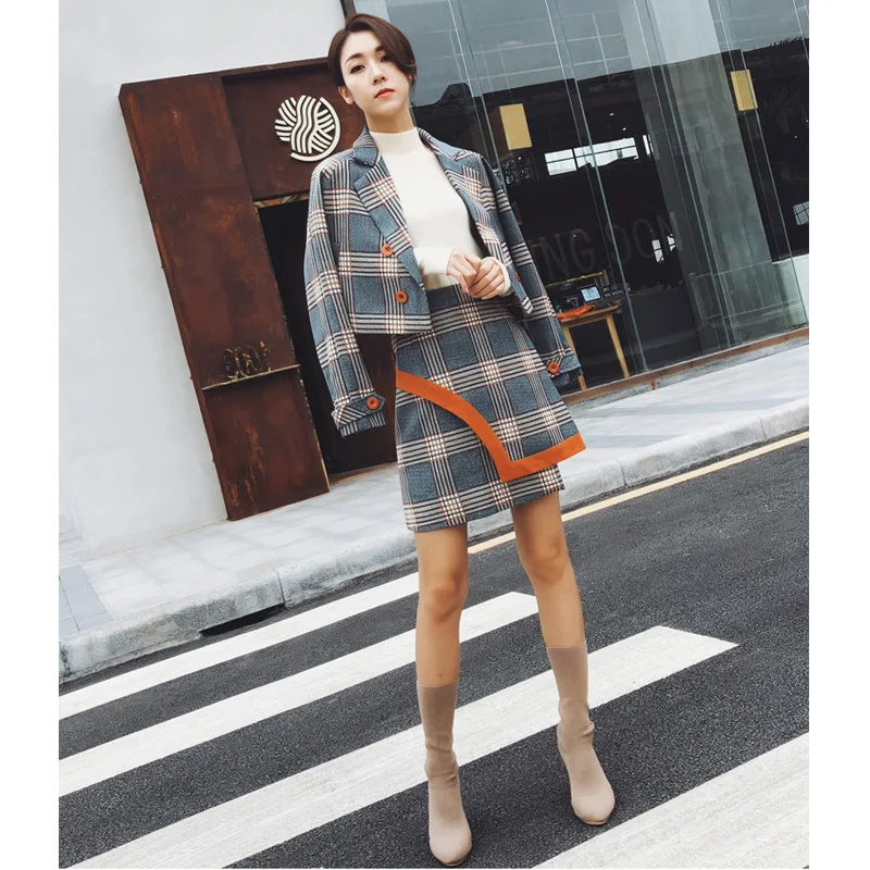 Сезон весна осень Комплект из двух предметов костюм с юбкой в клетку комплект для