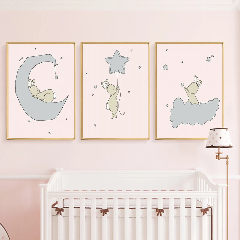 Фото Розовая Картина на холсте для детской комнаты кролик луна и звезды мечта