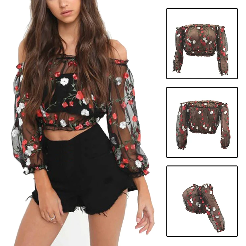 Женские рубашки с цветочной вышивкой сетчатые летние сексуальные топы открытыми