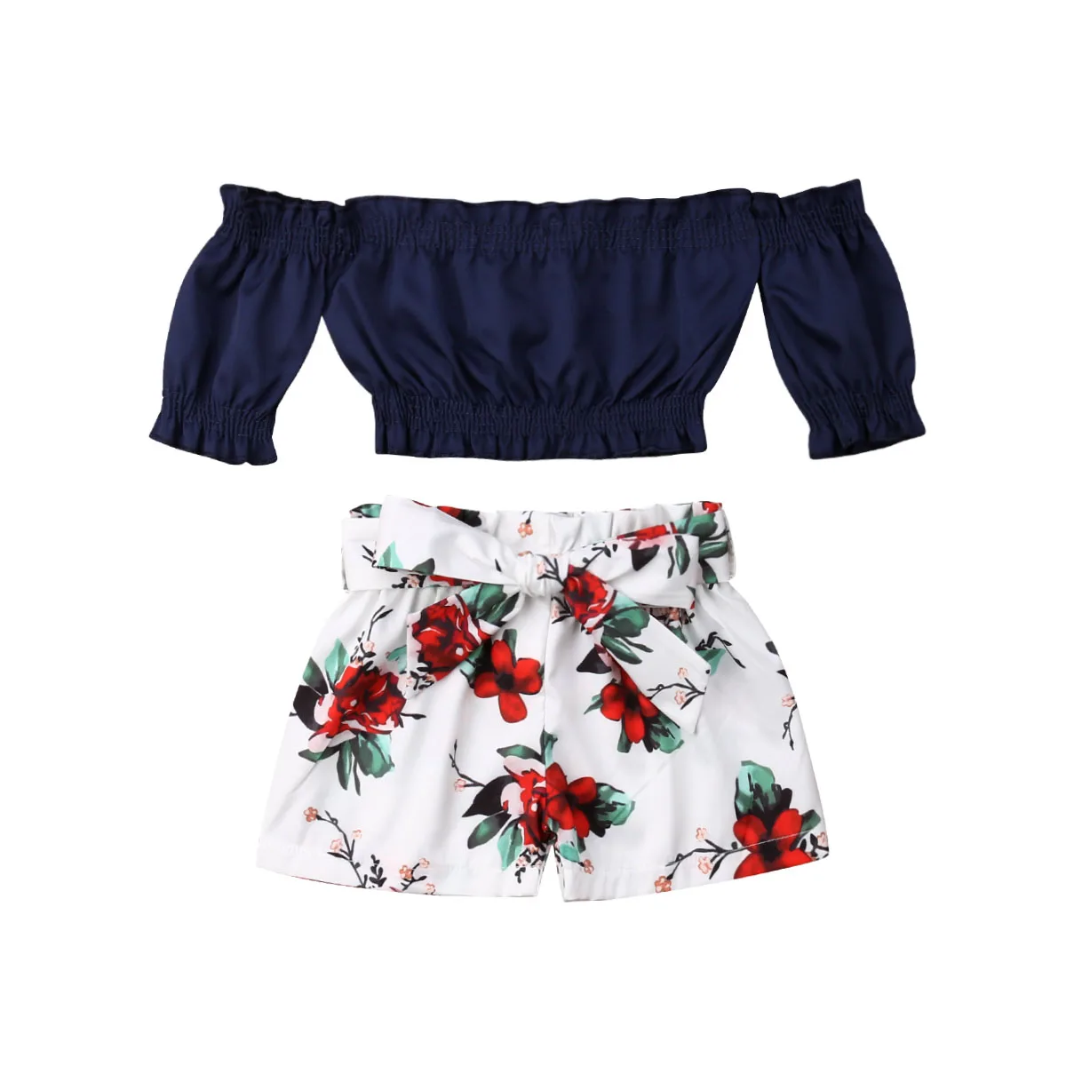 Fashion Summer Toddler Girls Clothes Flower Print Off Shoulder Crop Tops+ Bow Shorts 2pcs Infant Kids Child Outfits Sunsuit | Детская